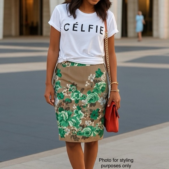 Bold Green Floral Midi Skirt - Size L Tan Neutral Base Vintage Inspired - Picture 1 of 5